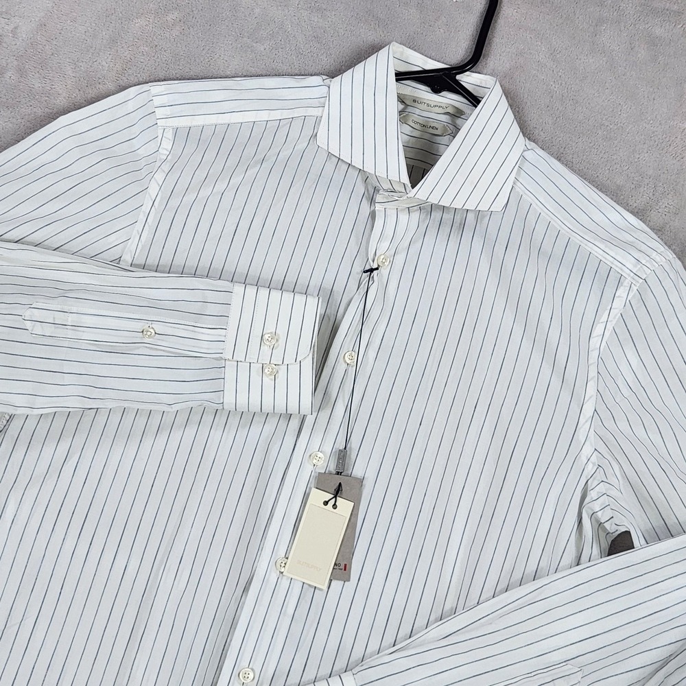 Suitsupply Shirt Mens 15.5 39 White Stripe Cotton Linen Slim Fit Dress LS H5506U